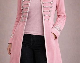 Women's Pink Military Style Long Jacket, Victorian Inspired Coat, Embroidered Button Jacket, Vintage Parade Coat,