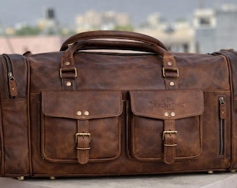 Leather Duffle Bag Men, Vintage Travel Bag, Handmade Weekender Bag, Brown Leather Gym Bag, Carry On Luggage, Overnight Bag Gift for Him