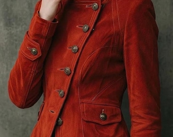 Vintage Red Velvet Military Jacket - Steampunk Victorian Style Blazer - Women's Red Suede Officer Jacket with Brass Buttons