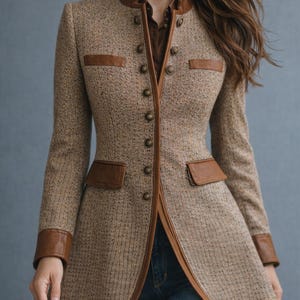 Puede incluir: Chaqueta de tweed marrón con detalles de cuero. La chaqueta presenta un corte entallado, cuello alzado y ribetes de cuero en los bolsillos, puños y bordes. Se abrocha con varios botones y se lleva sobre una camisa marrón y vaqueros azules.