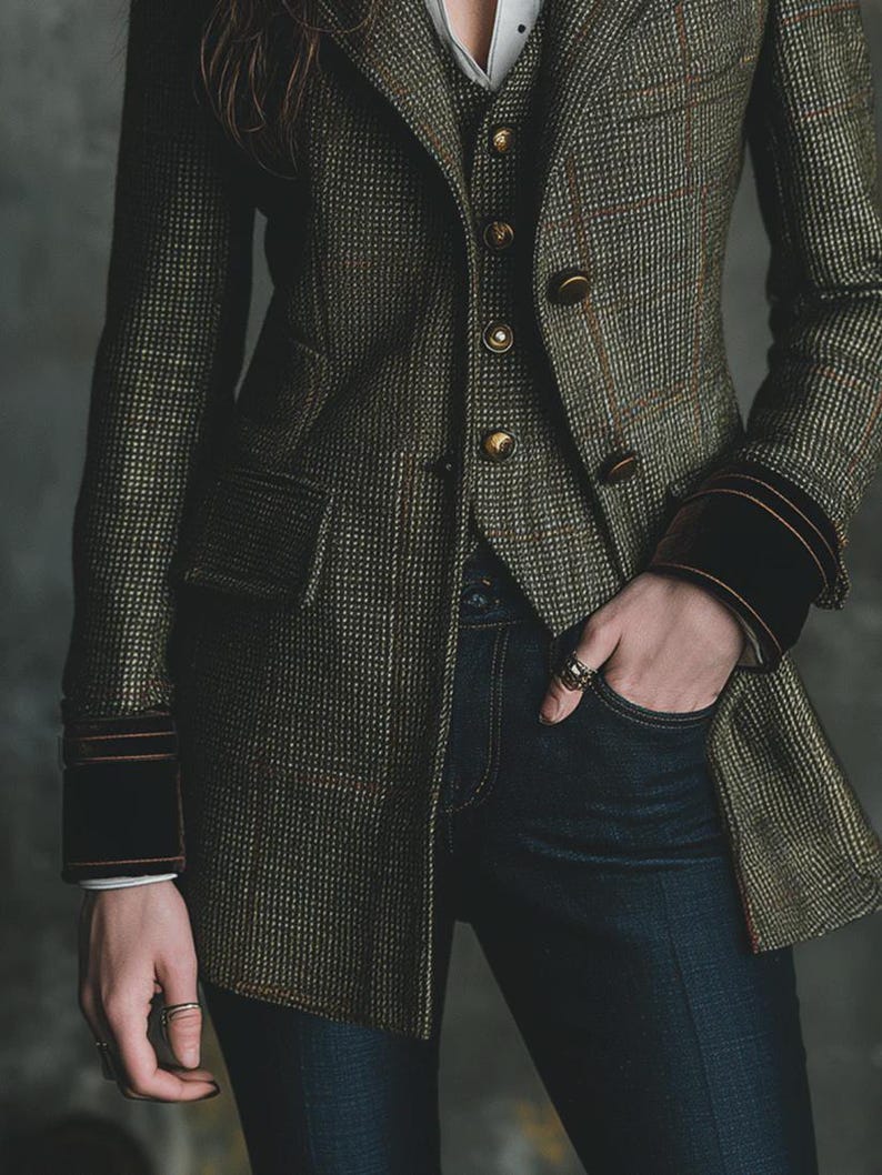 Pu&ograve; includere: Un blazer in tweed verde e marrone con gilet abbinato e bottoni dorati. Il blazer ha una vestibilit&agrave; sartoriale, con polsini in velluto marrone scuro e una tasca. La persona indossa jeans blu scuro e anelli.