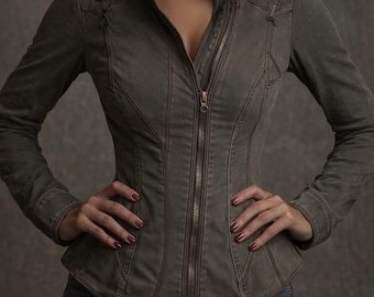 Vintage Washed Denim Fitted Jacket Women, Smoky Olive Slim Fit Jacket, Asymmetric Zip Denim Jacket, High Collar Tailored Jacket