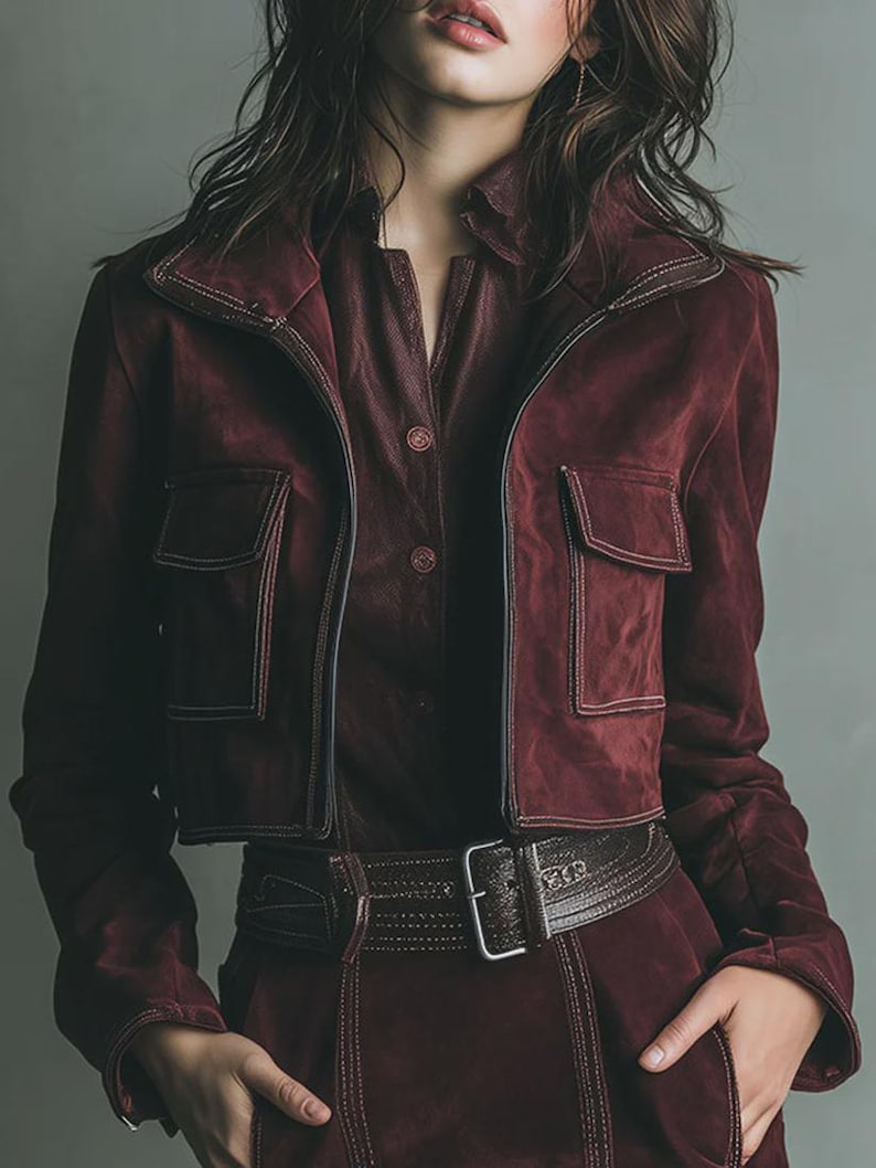 May include: A burgundy suede jacket with two front pockets and a matching burgundy shirt. The jacket has a zipper closure and a collar. A brown belt with a silver buckle cinches the waist. The outfit is a monochromatic ensemble.