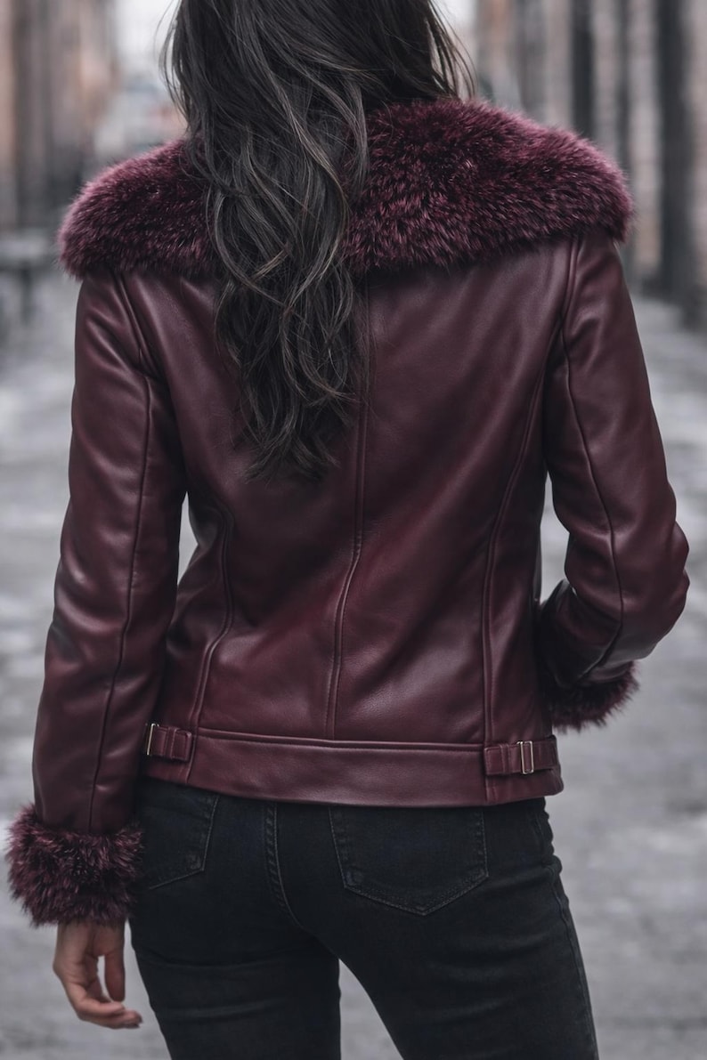 May include: Burgundy leather jacket with a faux fur collar and cuffs. The jacket features a classic design with a tailored fit, visible stitching, and buckle details at the waist. The model is wearing black jeans.