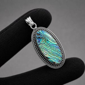 Skimrande abalone snäckskalshänge, halsband i sterlingsilver, havsinspirerade smycken