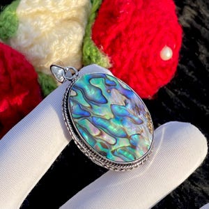 May include: An oval pendant featuring a polished abalone shell inlay with iridescent blue, green, and purple hues. The shell is set within a silver-toned metal frame that has a decorative twisted rope border and a small circular bail at the top.