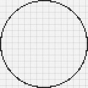 May include: A black pixelated circle on a grid background. The circle's outline is formed by small, square pixels, creating a digital or retro aesthetic. The grid provides a structured backdrop.