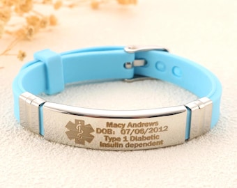Custom Medical Alert Bracelet with High Contrast Laser Engraving and Adjustable Silicone Strap