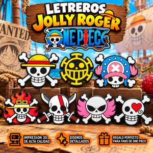 May include: A collection of seven colourful One Piece Jolly Roger skull emblems featuring various character designs including straw hats, flames, and heart motifs, displayed on a wooden surface with a large wooden sign reading JOLLY ROGER.