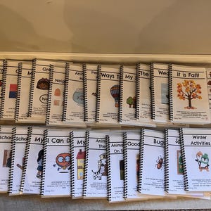 May include: A collection of spiral-bound educational workbooks with colorful covers. Titles include "Health", "My", "It is Fall!", and "Winter Activities". The workbooks are arranged in rows on a light-colored surface.