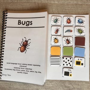 Könnte beinhalten: Ein spiralgebundenes Buch mit dem Titel "Bugs" mit einer braunen Insektenillustration. Daneben befinden sich illustrierte Karten von Käfern und Farbblöcken sowie Karten mit "groß" und "klein". Das Vokabular umfasst Käfer, braun, grün, blau, gelb, groß, klein, gefleckt und gestreift.