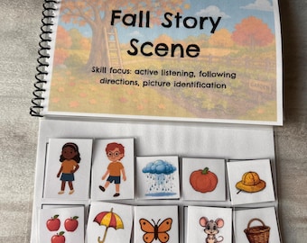 Może przedstawiać: Spiralnie oprawiona książka edukacyjna zatytułowana Fall Story Scene z ilustracją na okładce przedstawiającą drzewo i ogród. Pod okładką znajduje się dziesięć kwadratowych kart z ilustracjami dzieci, chmury deszczowej, dyni, kapelusza, jabłek, parasola, motyla, myszy i koszyka.