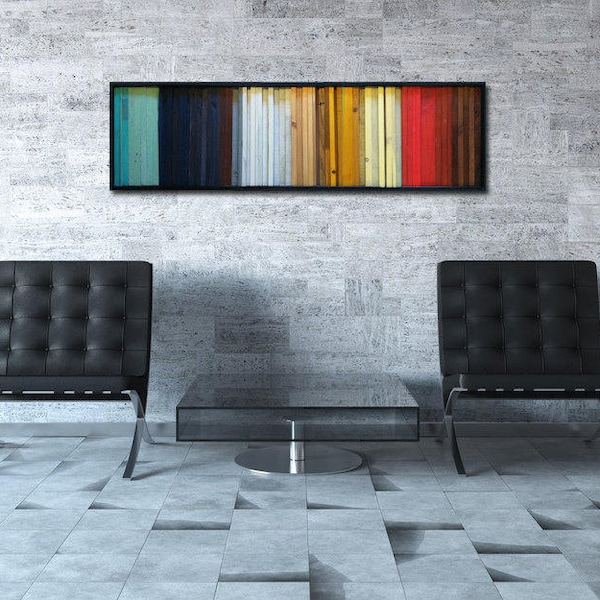 Colorful Wood Art - Modern Wood Wall Art - "Gradient" - Wood Stripes in Red, Yellow, Teal - 16"x55" - Wood Wall Art