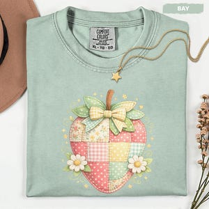 Comfort Colors®, Patchwork Strawberry T-shirt, Cute Quilted Fruit Illustration, Pastel Floral Accent, Patchwork shirt, Gifts for Her
