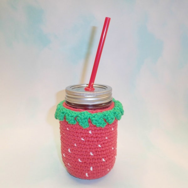 Mason Jar Cozy - strawberry mason jar cozy - jar cozy - cotton jar cozy - mug cozy - crocheted mason jar cozy - OOAK mason jar cozy