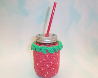 Mason Jar Cozy - strawberry mason jar cozy - jar cozy - cotton jar cozy - mug cozy - crocheted mason jar cozy - OOAK mason jar cozy