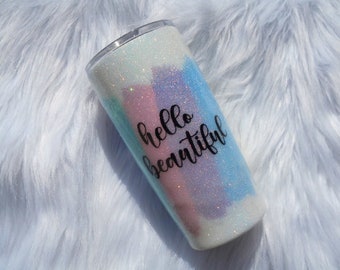 RTS Hello Beautiful unicorn burst glitter tumbler, unicorn burst tumbler, rainbow burst glitter tumbler, glitter tumbler