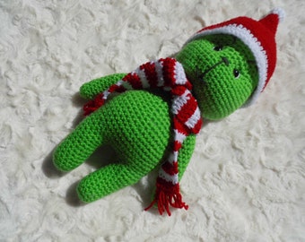Crocheted green Christmas monster stuffed animal, stuffed grinch, green holiday monster, retro holiday character, grinch amigurumi