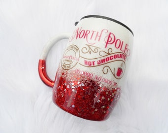 North Pole Hot Chocolate Glitter Mug - glitter tumbler - glitter cup - custom glitter mug - christmas coffee cup - christmas coffee mug