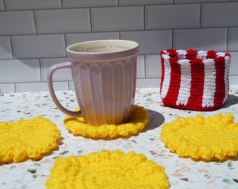 Crocheted Popcorn Coasters, popcorn and bucket coasters, movie themed coasters, movie room decor, movie coasters, movie lover coasters