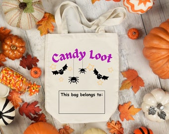 Halloween Tote Bag, trick or treat bag, halloween bag, trunk or treat bag, resusable halloween tote, customizable halloween bag, candy loot