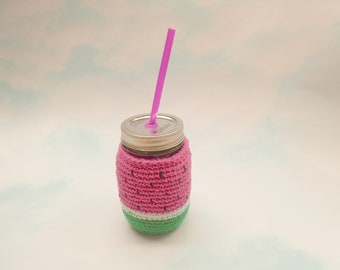 Mason Jar Cozy - watermelon mason jar cozy - jar cozy - cotton jar cozy - mug cozy - crocheted mason jar cozy - OOAK mason jar cozy