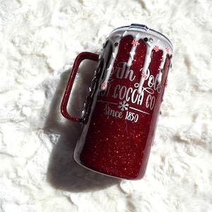 North Pole Hot Cocoa Co Glitter Mug, red glitter mug, large glitter mug, holiday glitter mug, OOAK glitter mug, Christmas glitter mug