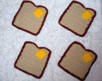 Toast and butter coasters, crocheted coasters, food themed coasters, food coasters, funny coasters, fun coasters, foodie coasters