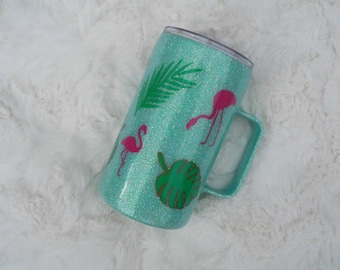 Flamingos and Monstera Leaves Glitter Tumbler, flamingo tumbler, flamingo mug, monstera leaves glitter tumbler, monstera leaves glitter mug