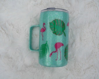 RTS Flamingos and Monstera Leaves Glitter Tumbler, flamingo tumbler, flamingo mug, monstera leaves glitter tumbler, monstera leaves mug