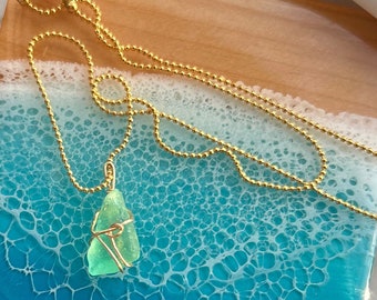 Seaglass necklace charm pendant handmade gold chain necklace nautical ocean surfer girl