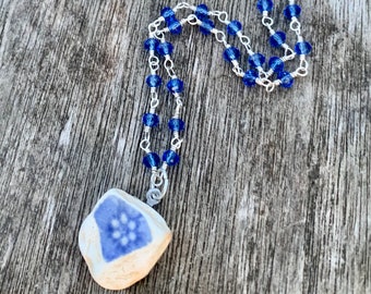 Sea Glass Necklace, Jewelry, Pottery, Pendant, women, her, blue