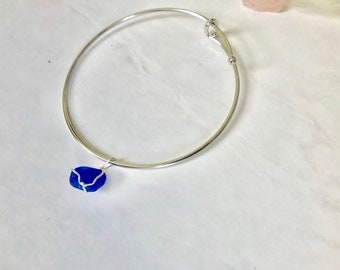 Rare Blue Seaglass Charm on Bangle Bracelet