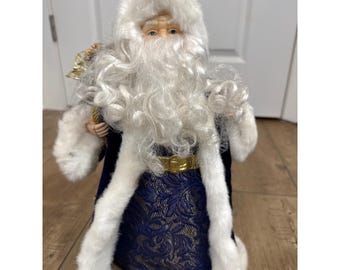 Figura decorativa navideña de Papá Noel para la cima del árbol, con bolsa de regalo, color azul marino, estilo vintage.