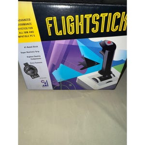 May include: A black and gray Flightstick joystick for IBM and compatible PCs. The box features the text "FLIGHTSTICK" in yellow, a graphic of a jet, and the words "#1-Rated Stick" and "Extra Features".