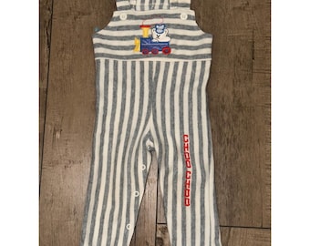 Baby Overalls 12 Months Gray White Stripe Train Embroidery Choo Choo vintage