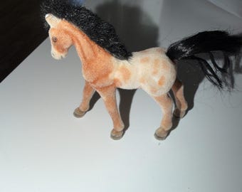 Flocked Brown White Paint Black Horse Fur Mane Toy Pony  7" Vintage 1980s