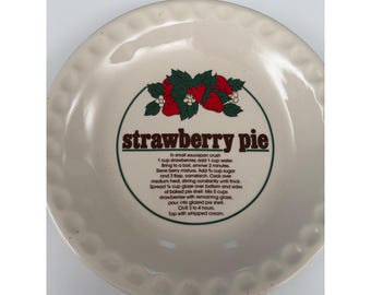 Vintage Strawberry Pie Recipe Dish Scalloped Edge Ceramic Baking Pan 10 Inch