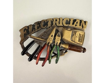 Hebilla de cinturón de electricista vintage, tono latón, herramientas de oficio, esmalte 3D, novedad 2086