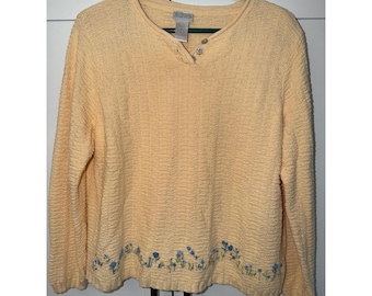 Maglione Henley vintage Koret giallo con ricami floreali, in ramia e cotone, taglia L