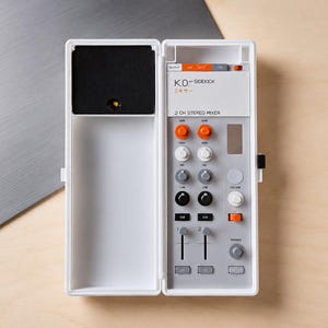 Peut inclure: Une table de mixage stéréo 2 canaux K.O. SIDEKICK blanche avec un couvercle articulé. Le panneau de commande comprend des boutons de gain orange, des boutons aigus blancs, des boutons graves gris, des touches cue noires et deux faders.