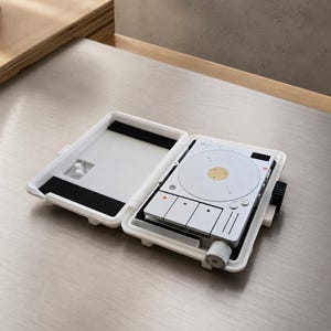 Könnte beinhalten: Ein weißes, rechteckiges, tragbares Gehäuse mit einem weißen elektronischen Musikplayer. Der Player verfügt über eine kreisförmige Schnittstelle mit einer goldenen Mitte, drei rechteckige Tasten, einen seitlichen Lautstärkeregler und ein kleines schwarzes Display.