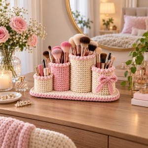 Peut inclure: Un organisateur de pinceaux de maquillage en crochet composé de quatre supports cylindriques de hauteurs variées sur une base ovale. L'organisateur est réalisé en fil crème et rose clair, orné de perles blanches sur les bords et d'un nœud en crochet rose.