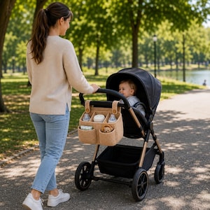 Könnte beinhalten: Ein beigefarbener Kinderwagen-Organizer aus Häkelarbeit mit mehreren Fächern, zwei oberen Riemen mit Holzknöpfen und einer strukturierten rechteckigen Form. Er ist am Griff eines schwarzen Kinderwagens mit einem Kind befestigt.