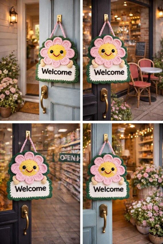 Crochet Flower Welcome Sign Pattern | Beginner Door Hanger (PDF