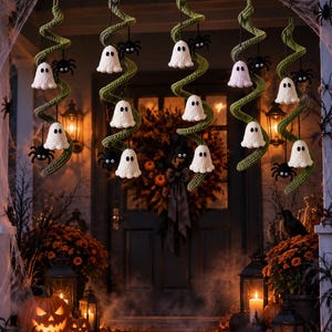 May include: Five hanging spiral decorations made of green crocheted yarn, each featuring multiple small white crocheted ghost figures and black plush spider ornaments suspended from the coils, creating a layered, dangling display for seasonal decor.