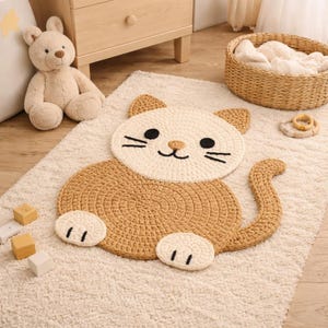 Puede incluir: Una alfombra de gato hecha a mano con ganchillo en colores beige y crema. La alfombra presenta una cara de gato con ojos y bigotes negros, y una cola rizada. La alfombra está colocada sobre una alfombra cremosa y esponjosa.