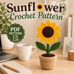 Crochet Sunflower in Pot Pattern, Amigurumi Flower, Desk Decoration (PDF Download)