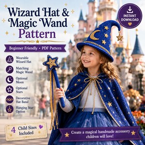May include: A crochet wizard hat and magic wand pattern featuring text that reads Wizard Hat & Magic Pattern, Beginner Friendly, PDF Pattern, and 4 Child Sizes Included. The design includes a blue hat with a gold moon and stars, and a matching wand.
