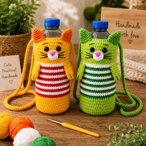 May include: Two crochet water bottle holders shaped like cats. One is yellow with orange ears and red and white stripes, the other is green with white stripes. Both have black eyes, pink noses, and blue bottle caps. The holders have long straps.